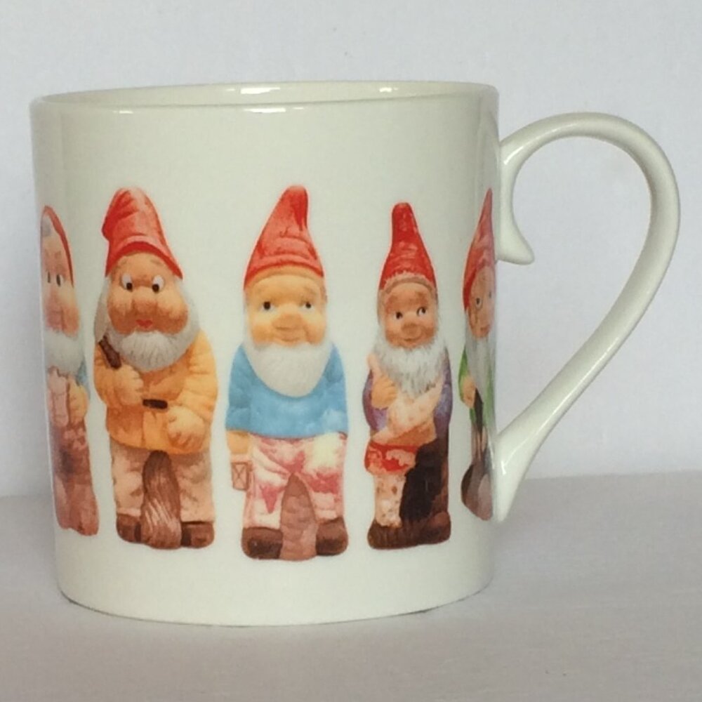 Garden Gnomes Coffee Mug White Christopher Vine Design Fine Bone China 9 oz